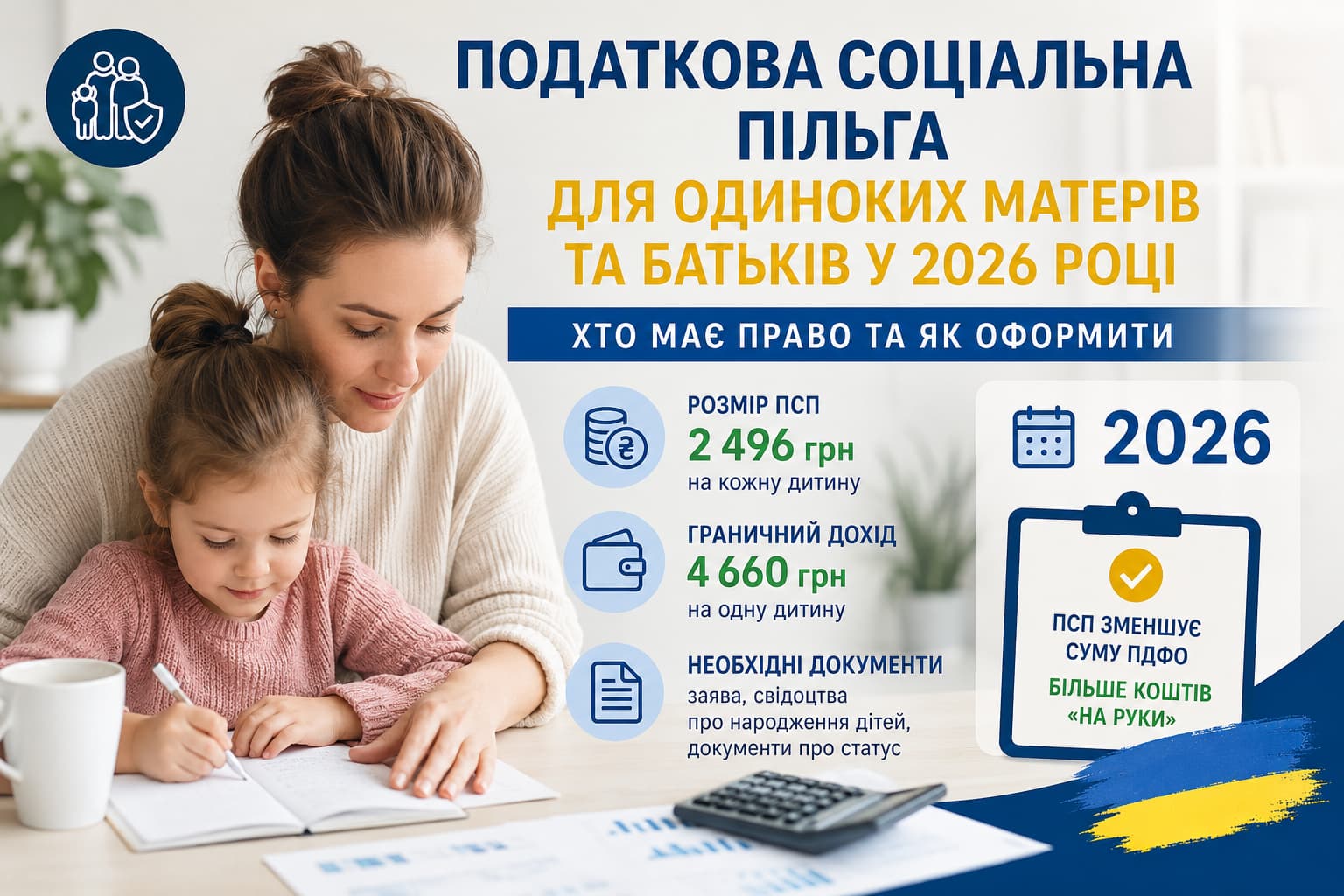 Податкова соціальна пільга для одиноких матерів та батьків у 2026 році — інфографіка про розмір ПСП, граничний дохід та необхідні документи для оформлення пільги