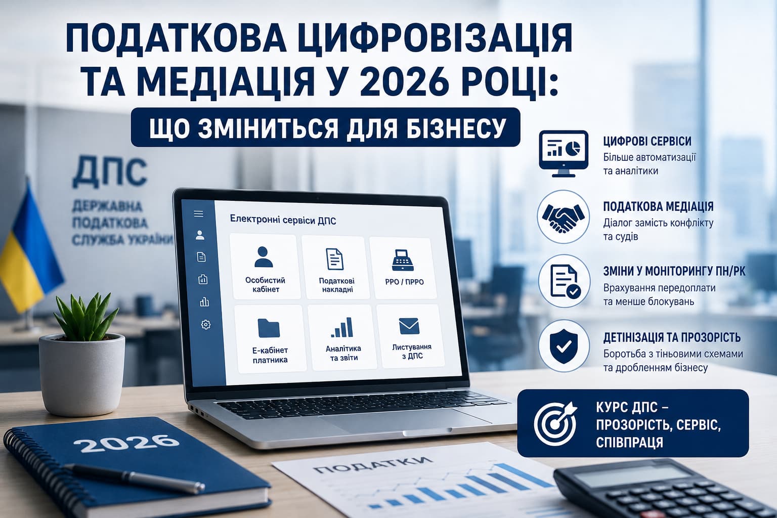 Податкова цифровізація та медіація у 2026 році: нові сервіси ДПС, автоматизація бізнесу, зміни ПН/РК та посилення прозорості для ФОП і компаній України