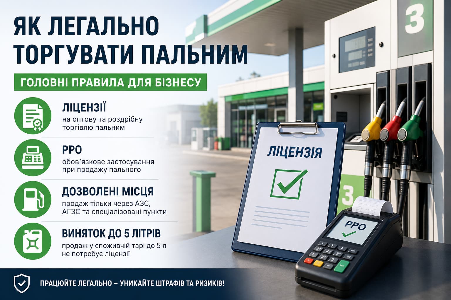 Інфографіка про легальну торгівлю пальним в Україні: ліцензії на оптовий і роздрібний продаж, обов’язкове використання РРО, дозволені місця реалізації пального та винятки для тари до 5 літрів