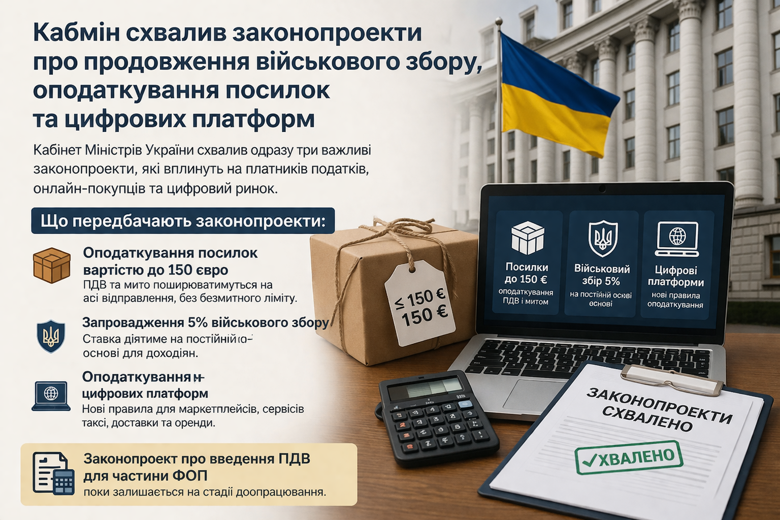 Робочий стіл з документами та ноутбуком, що ілюструє нові податкові законопроекти України; на передньому плані — калькулятор, пакунок із митною декларацією та планшет, на задньому фоні український прапор.