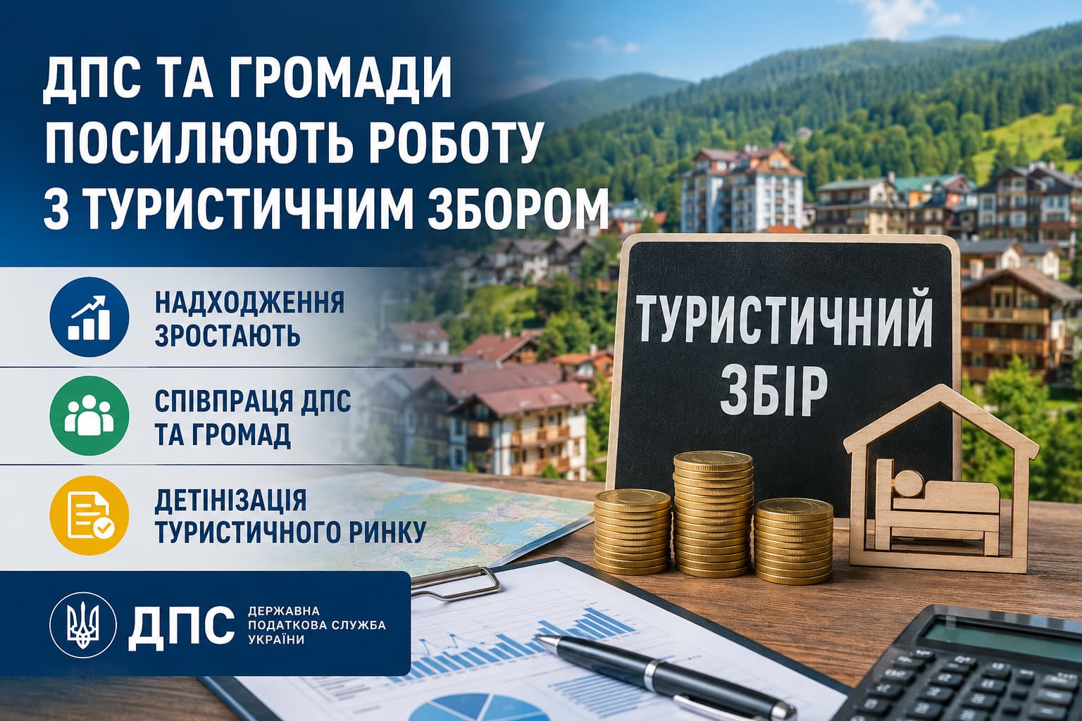 Представники ДПС та місцевих громад аналізують дані туристичного збору на цифровій панелі, графіки демонструють зростання надходжень до місцевих бюджетів, концепція детінізації туристичного бізнесу та податкового контролю в Україні.