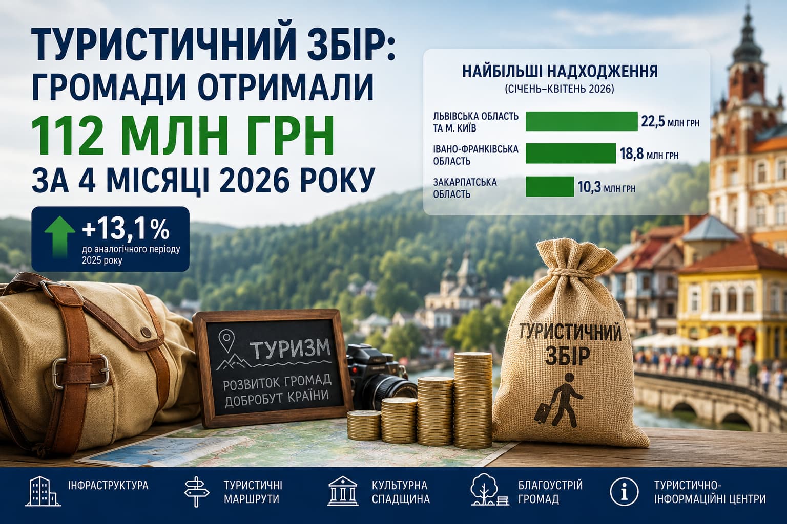 Туристический сбор в Украине: общины получили 112 млн грн за январь–апрель 2026 года (+13,1% к 2025). Инфографика с данными по поступлениям: Львовская область и Киев — 22,5 млн грн, Ивано-Франковская — 18,8 млн грн, Закарпатская — 10,3 млн грн.
