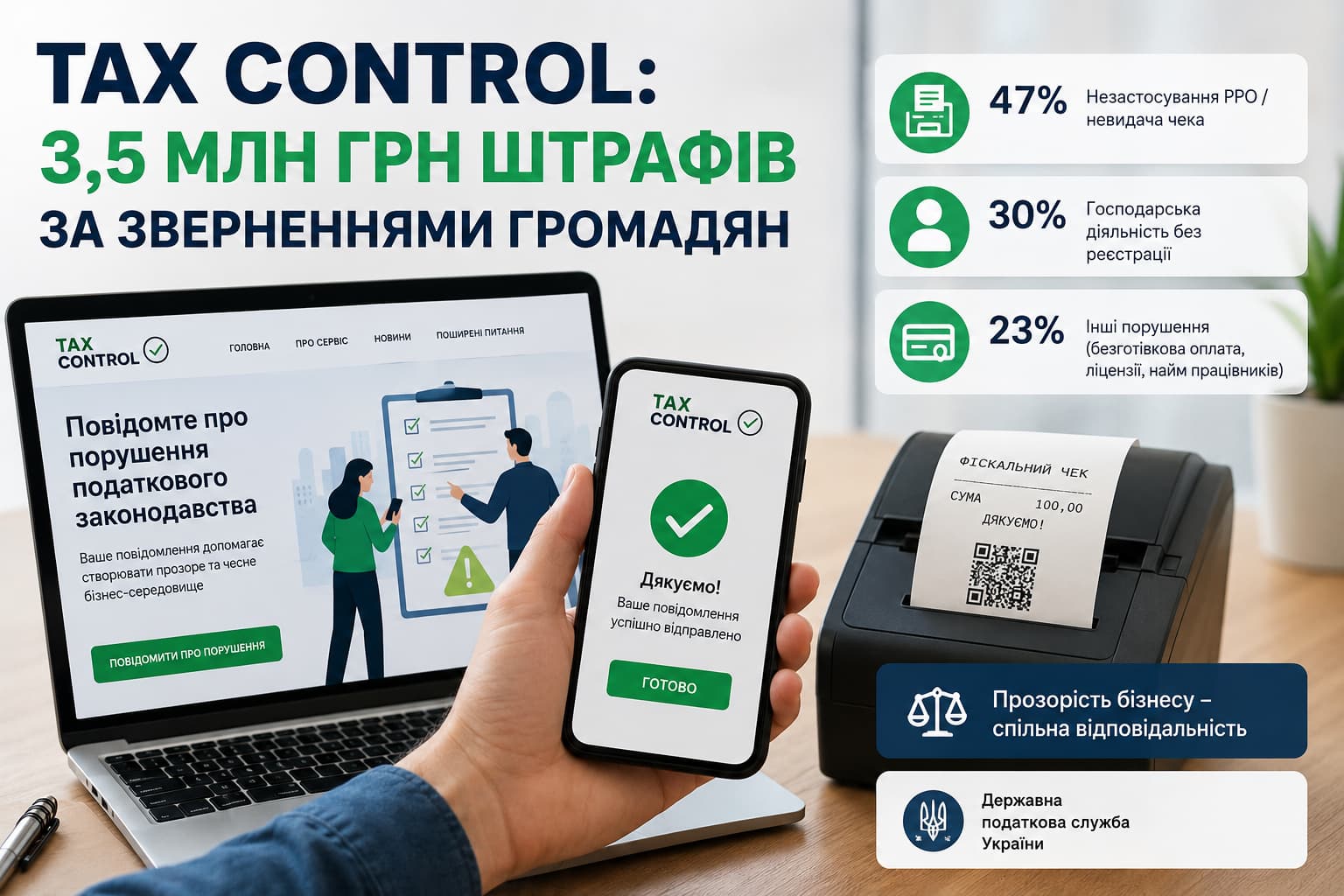 TAX Control: понад 3,5 млн грн штрафів за зверненнями громадян. Інфографіка ДПС про податкові порушення, фіскальні чеки, РРО та цифровий контроль бізнесу в Україні.