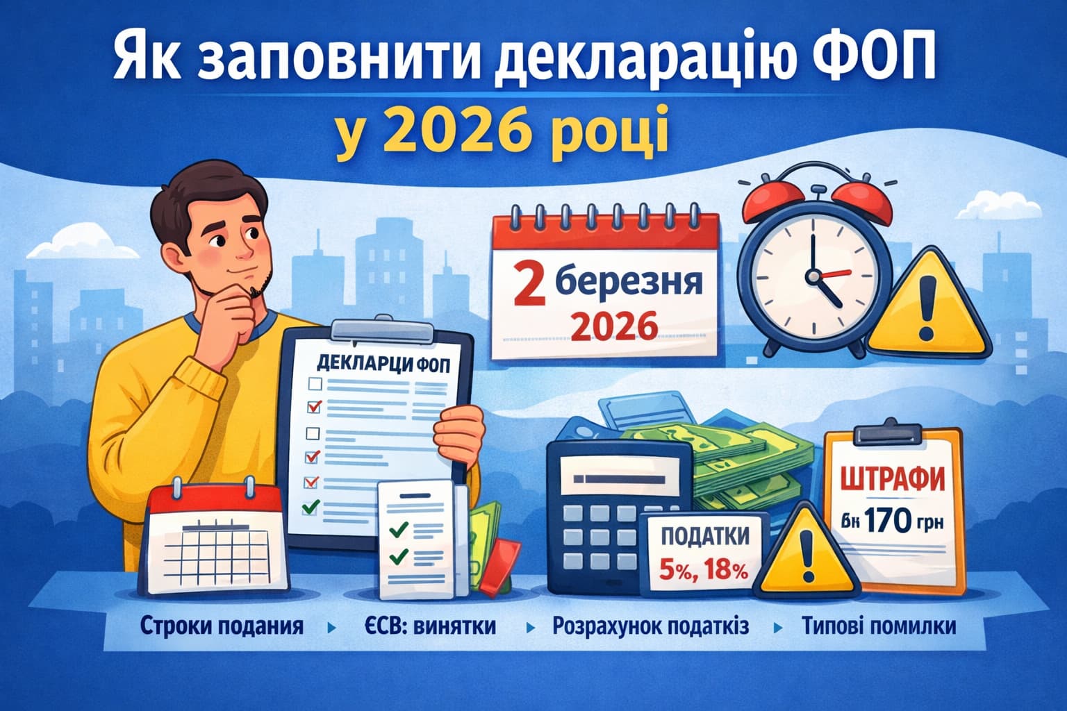 Ілюстрація для статті про заповнення декларації ФОП у 2026 році: підприємець із документами, калькулятор, календар із датою 2 березня, символи податків та штрафів.