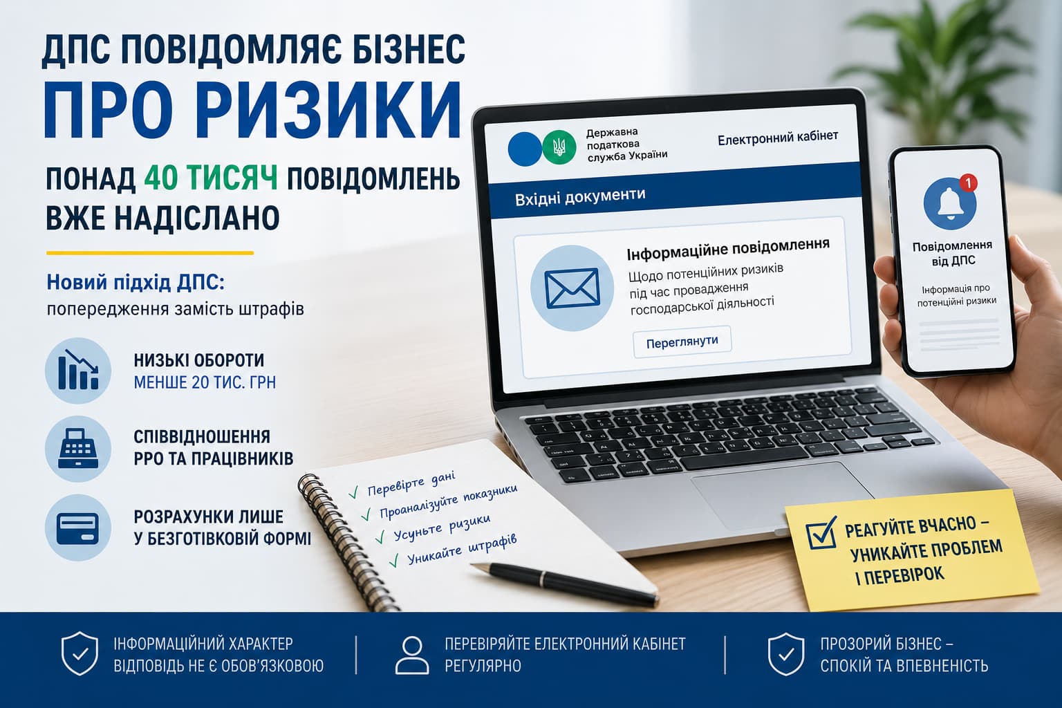 ДПС надсилає бізнесу повідомлення про податкові ризики через Електронний кабінет: понад 40 тисяч повідомлень, контроль РРО, оборотів та працівників для запобігання порушенням і перевіркам.