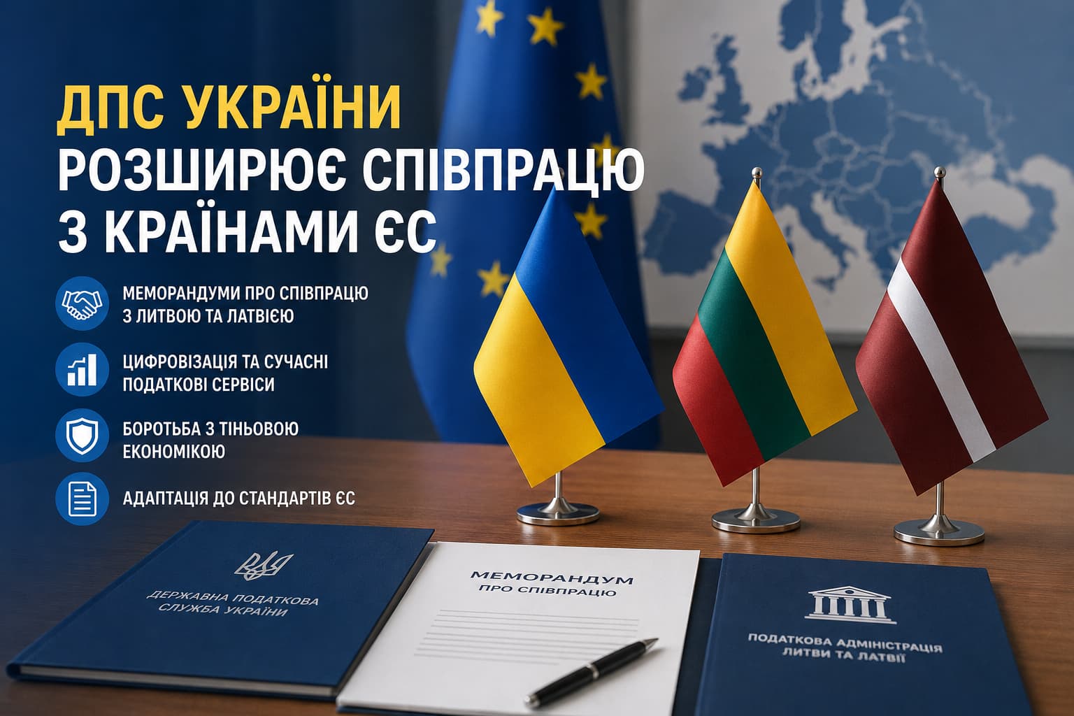 ДПС України підписує меморандуми про співпрацю з Литвою та Латвією: прапори країн, документи про партнерство, цифровізація податкових сервісів, адаптація до стандартів ЄС та посилення міжнародної податкової співпраці.