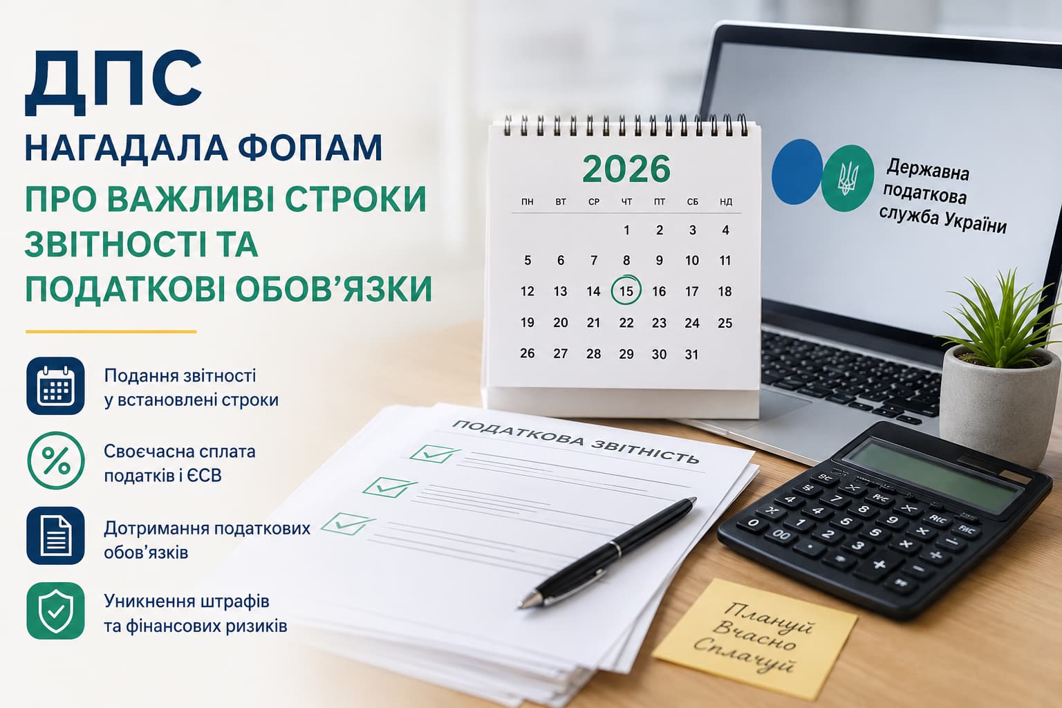 ДПС нагадує ФОПам про строки подання звітності та сплати податків: календар на 2026 рік, документи, калькулятор і перелік ключових податкових обов’язків для підприємців України.