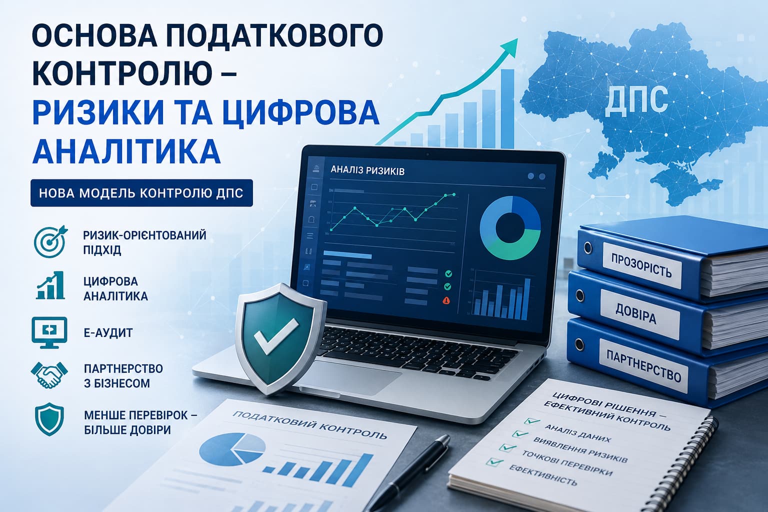 Основа податкового контролю: ризики та цифрова аналітика ДПС України. Ілюстрація цифрового аудиту, аналізу ризиків, електронного контролю та партнерства держави з бізнесом із використанням сучасних аналітичних технологій.