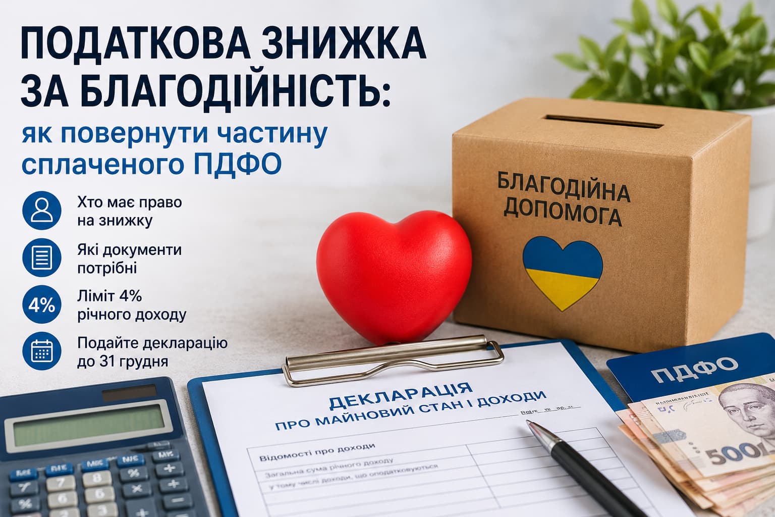 Податкова знижка за благодійність в Україні: благодійний внесок, декларація про доходи, калькулятор та документи для повернення частини ПДФО. Інфографіка про умови отримання податкової знижки та подання декларації.