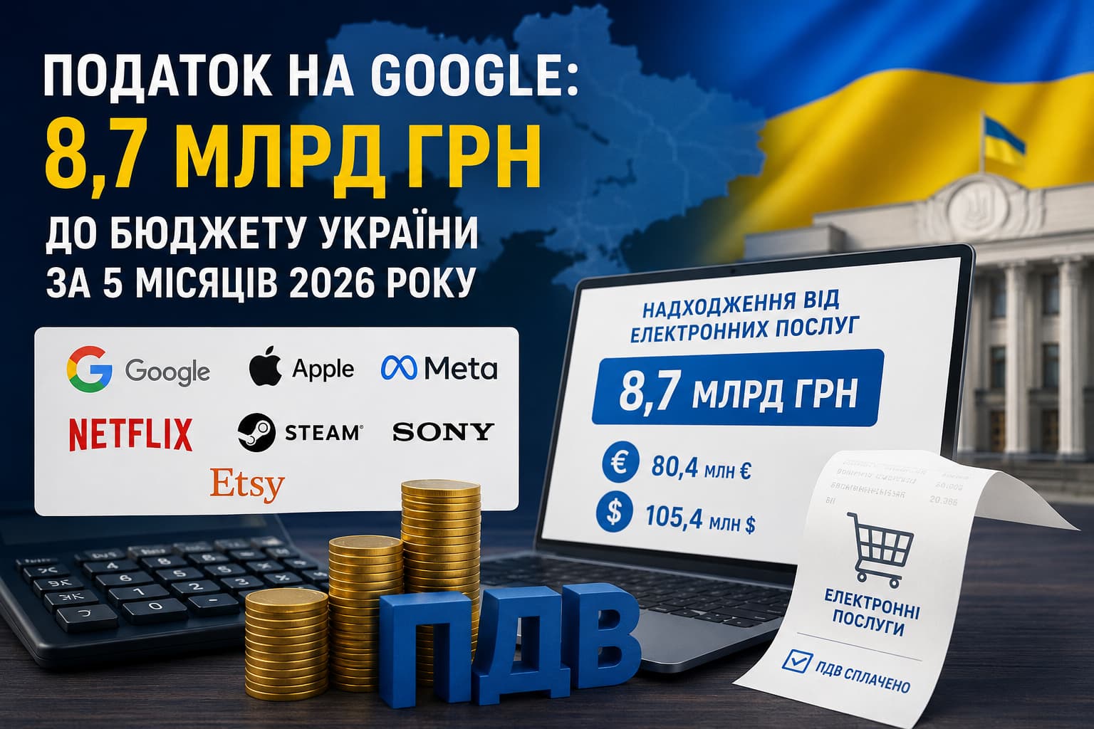 Податок на Google в Україні: 8,7 млрд грн надійшло до бюджету за 5 місяців 2026 року від міжнародних цифрових компаній. Інфографіка з ПДВ на електронні послуги, логотипами Google, Apple, Meta, Netflix, Steam, Sony та Etsy.
