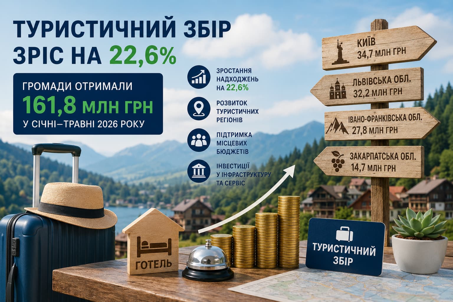 Туристичний збір в Україні зріс на 22,6%: громади отримали 161,8 млн грн за січень–травень 2026 року. Інфографіка з даними про надходження, регіони-лідери та вплив туризму на місцеві бюджети.