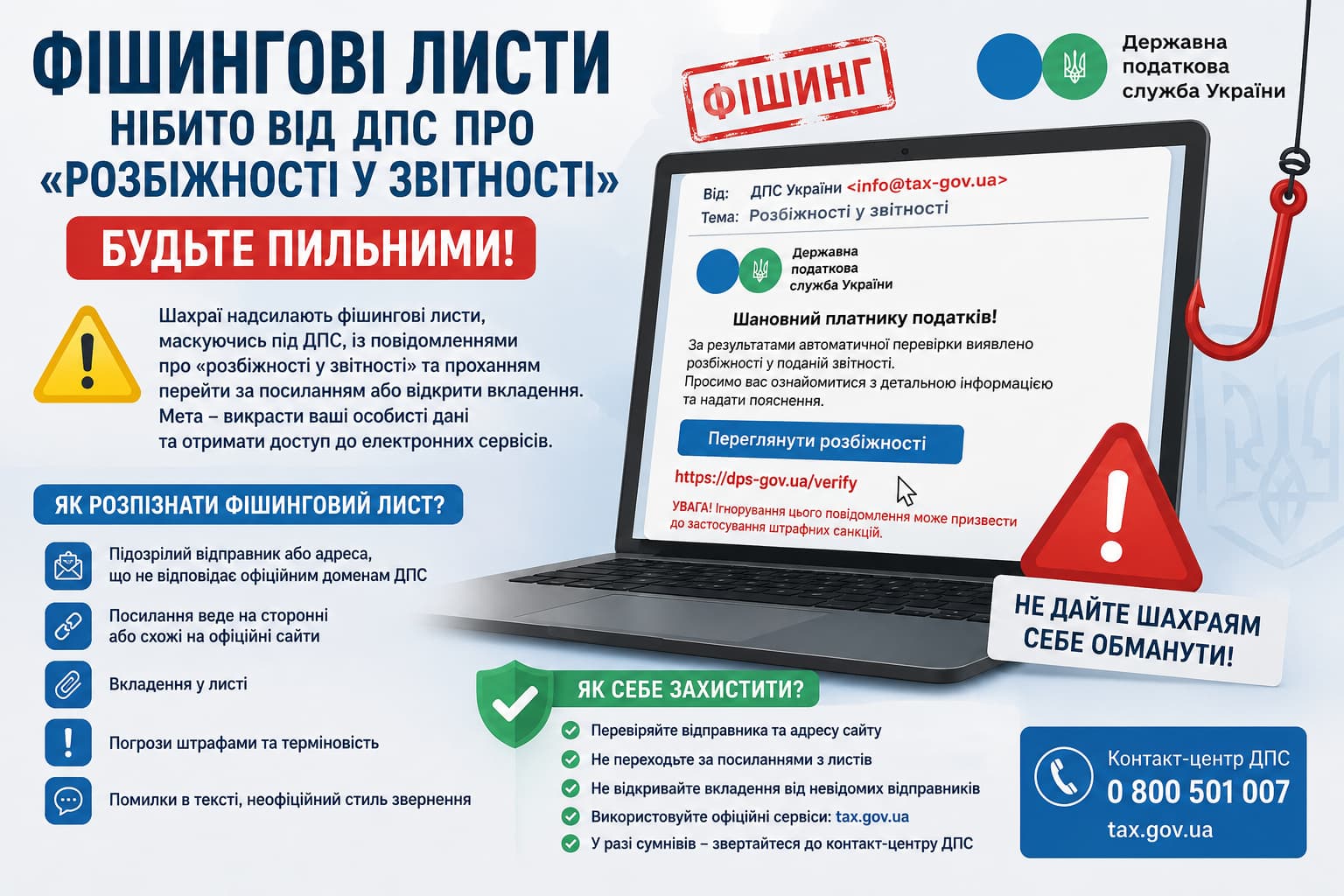 Інформаційний плакат про фішингові листи, що маскуються під повідомлення ДПС України про «розбіжності у звітності». Зображено ноутбук з підробленим листом, попереджувальні значки та поради щодо безпеки, перевірки відправника та посилань.