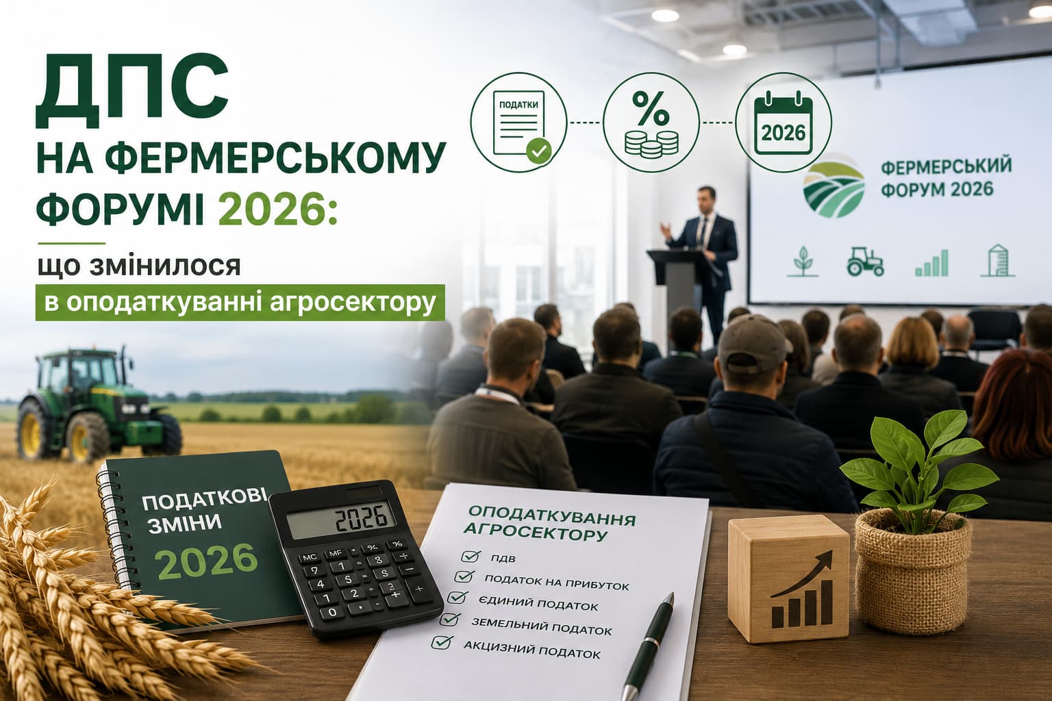 ДПС на фермерському форумі 2026: спікер виступає перед учасниками конференції, поруч ілюстрації податкових документів, калькулятор, трактор і сільськогосподарська тематика, що символізують зміни в оподаткуванні агросектору.