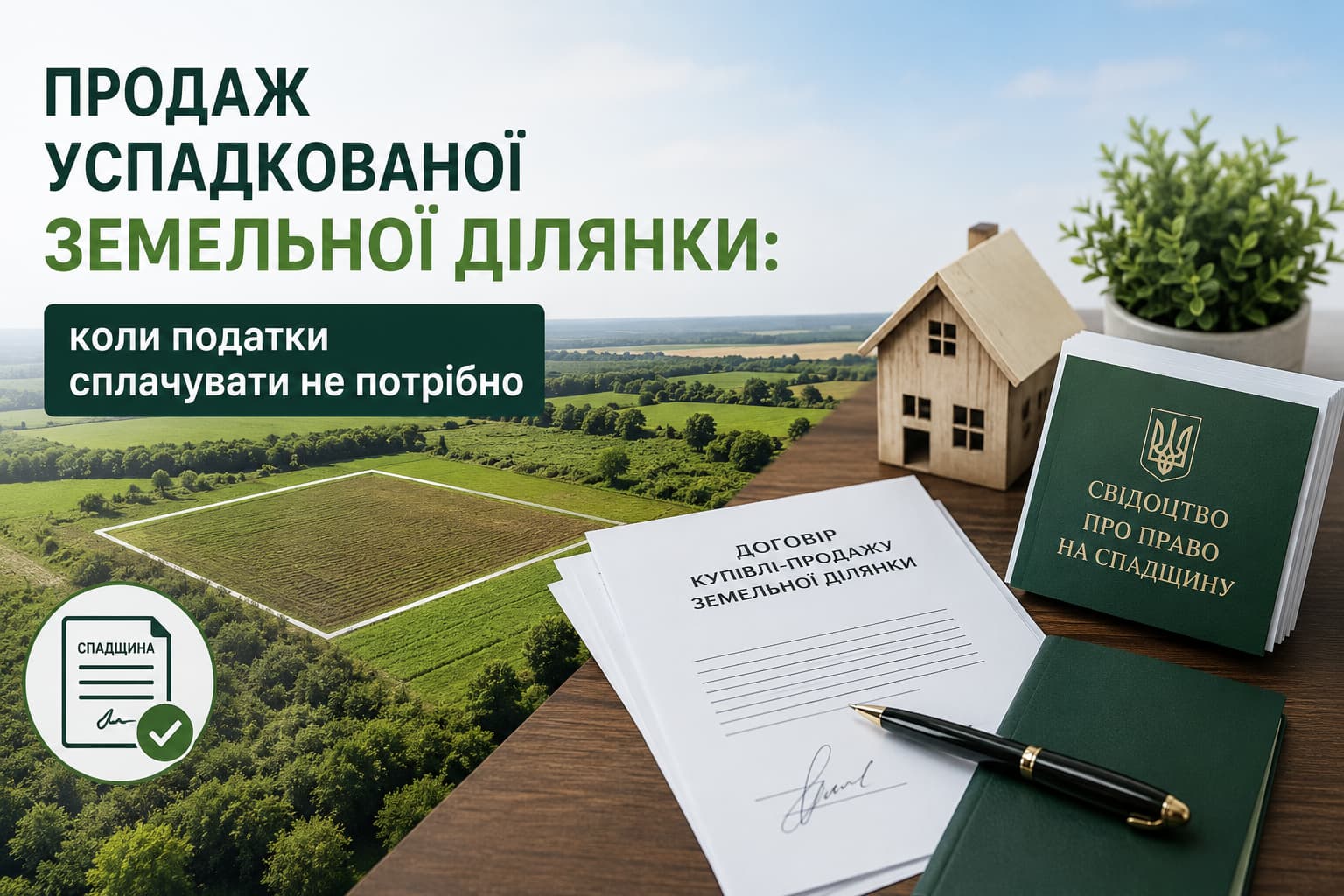 Успадкована земельна ділянка, договір купівлі-продажу, свідоцтво про право на спадщину та макет будинку на тлі сільськогосподарських угідь, що ілюструють продаж успадкованої землі без сплати податків у визначених законом випадках.