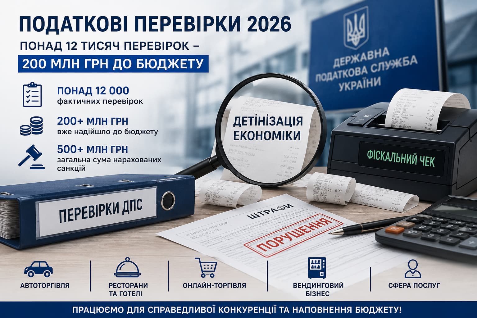 Інфографіка про податкові перевірки ДПС України у 2026 році: понад 12 тисяч перевірок, 200+ млн грн надходжень до бюджету, виявлені порушення у торгівлі, сфері послуг, онлайн-бізнесі та готельно-ресторанному секторі.